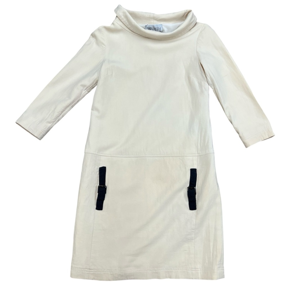 Worth Wool Cowl Neck Dress Size 6 Cream Pockets Stretch Sheath Career